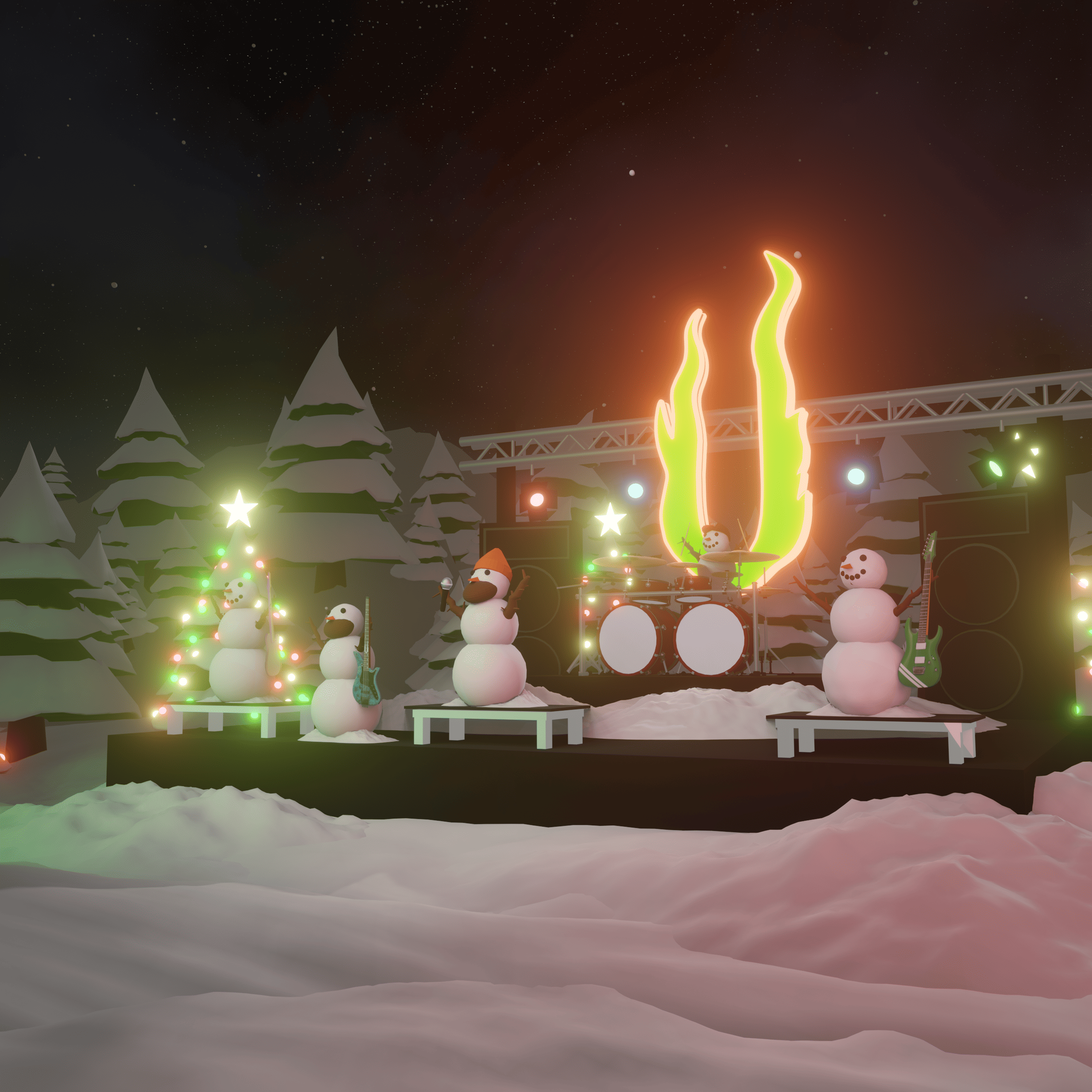 August Burns Red as snowmen playing a show in a Christmas setting