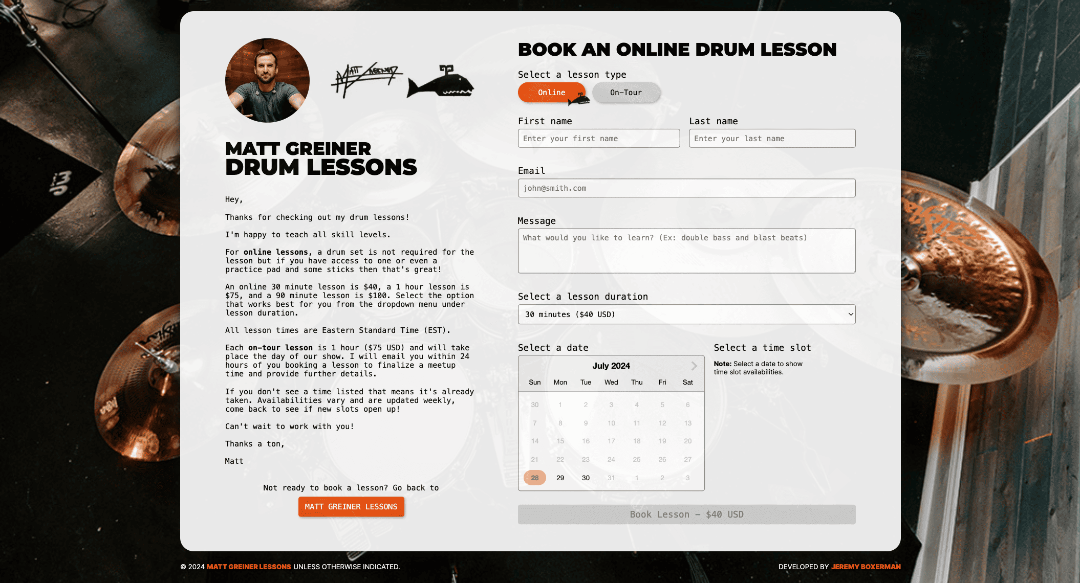 Booking page of Matt Greiner's booking app lessons